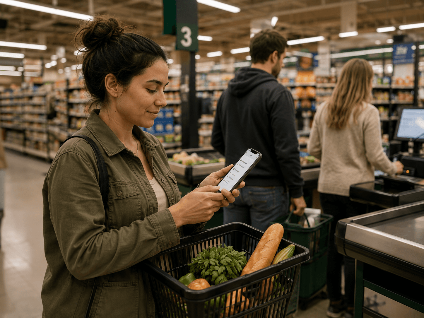 A learner reviewing a few words on their phone while waiting in a supermarket checkout line