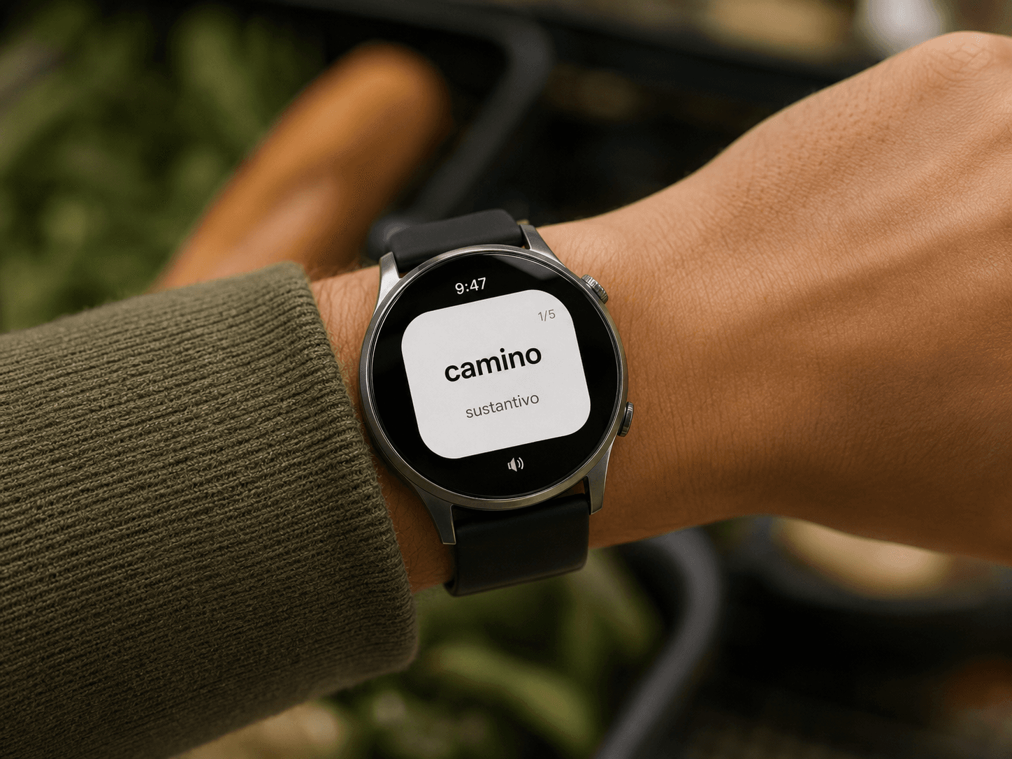 A smartwatch face showing the Spanish word “camino” with its translation