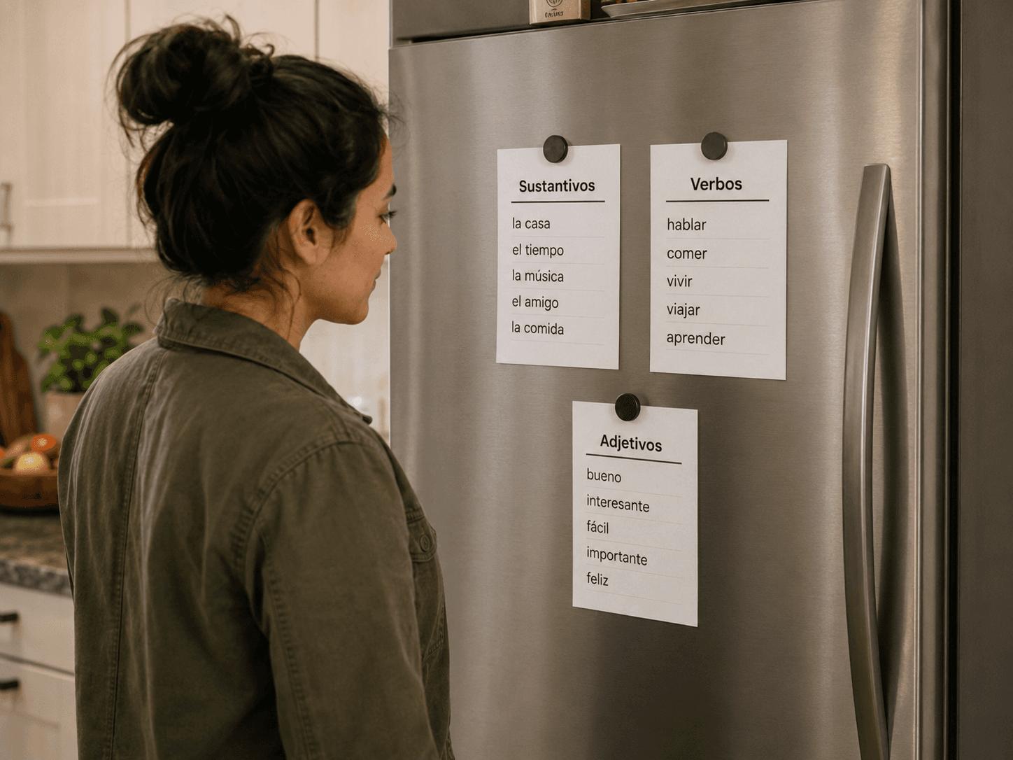 Printed Spanish vocabulary sheets attached to a refrigerator door with magnets