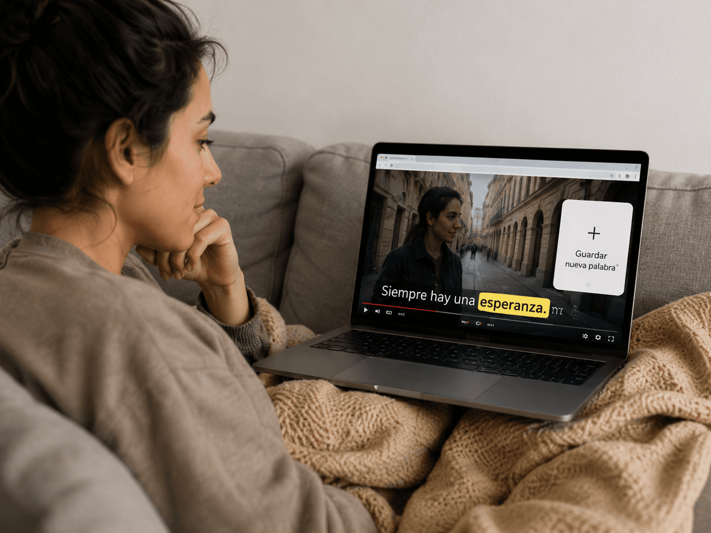 A learner on a sofa saving a highlighted subtitle word while watching a YouTube show on a laptop
