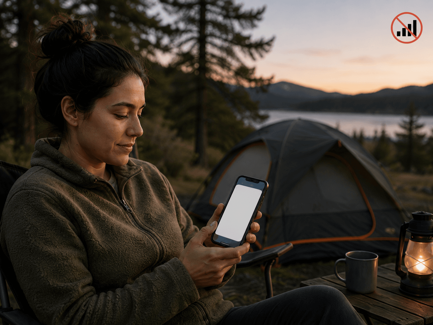 A learner reviewing flashcards on a phone beside a tent at a campsite with no signal