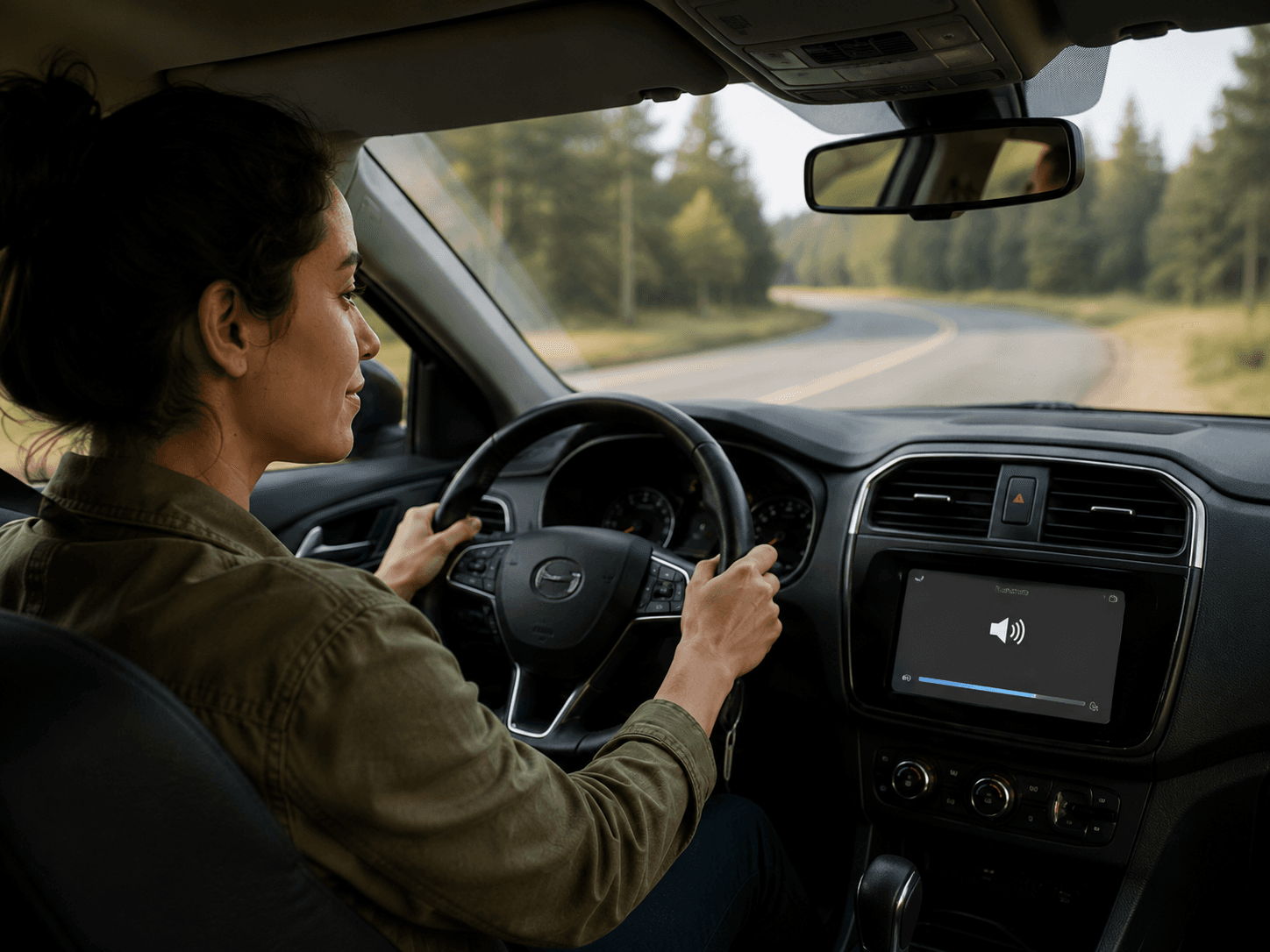 A learner driving with eyes on the road, listening to vocabulary through the car's built-in speakers
